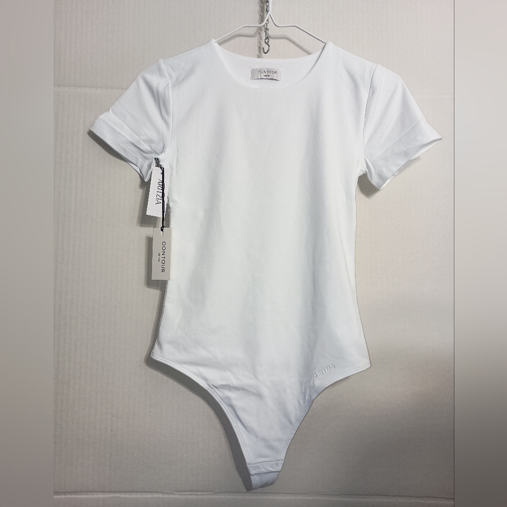 Second-skin crewneck shortsleeve bodysuit with thong-cut bottom